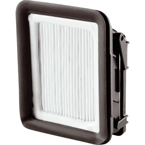 Un filtro HEPA bianco rettangolare pieghettato con cornice nera.