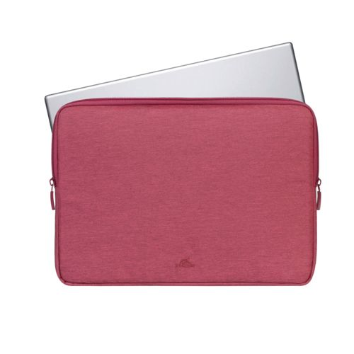 Una custodia rossa per laptop con un laptop argentato che sporge parzialmente.