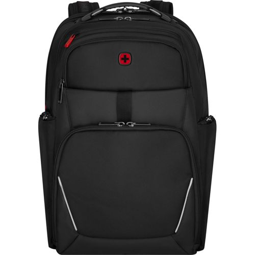 Zaino nero con logo rosso, cerniere e strisce riflettenti.