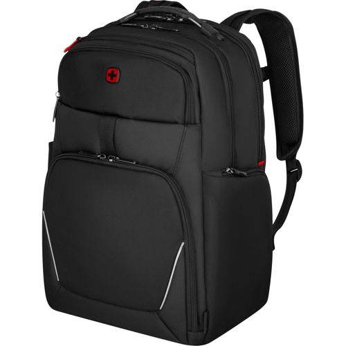 Uno zaino nero con logo a croce rossa e strisce riflettenti.