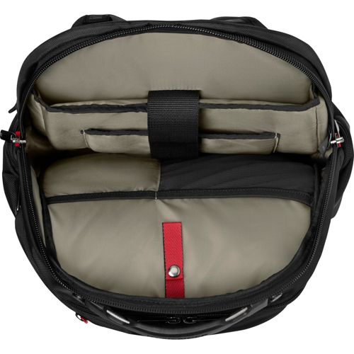 Vista interna di uno zaino nero aperto con scomparto imbottito per laptop e tasche organizer.