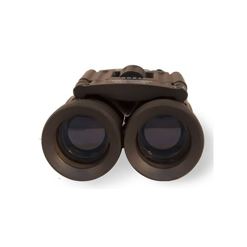 Schwarze Fernglas mit zwei Objektiven auf weißem Hintergrund.