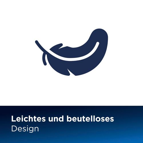 Dunkelblaues Federsymbol auf weißem Hintergrund. Text unten: Leichtes Design.