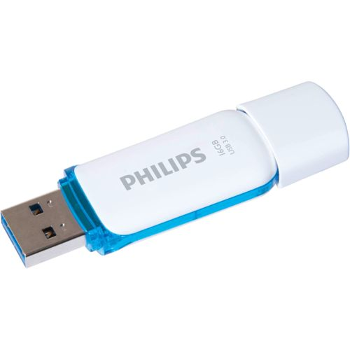 Un pendrive Philips blanco con detalles azules y 16GB de capacidad. USB 3.0.