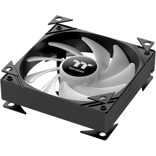 Een zwarte pc-ventilator met witte bladen en het Thermaltake-logo.