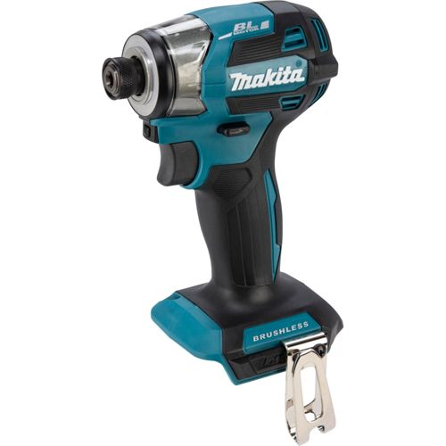 Un avvitatore a percussione Makita blu petrolio e nero con clip metallica.
