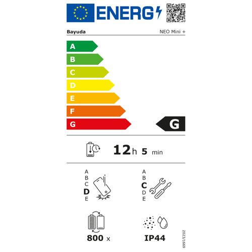 Energielabel mit G-Bewertung, 12h 5min Akkulaufzeit, 800x Ladezyklen, IP44.