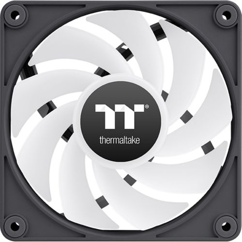 Ein weißer Lüfter mit schwarzem Rahmen und dem Thermaltake-Logo in der Mitte.