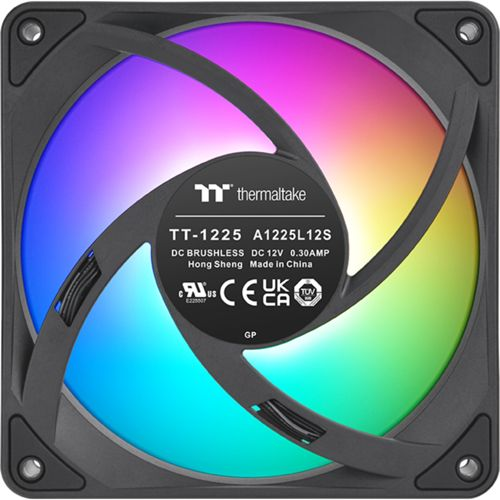 Ein schwarzer Lüfter mit RGB-Beleuchtung und Thermaltake-Logo.
