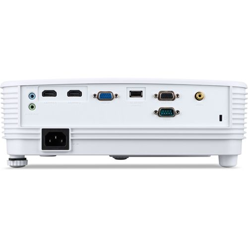 Witte projectorachterkant met HDMI-, USB-, VGA-, audio- en stroompoorten.
