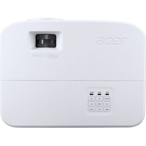Een witte Acer projector met lens, bedieningsknoppen en Acer-logo.