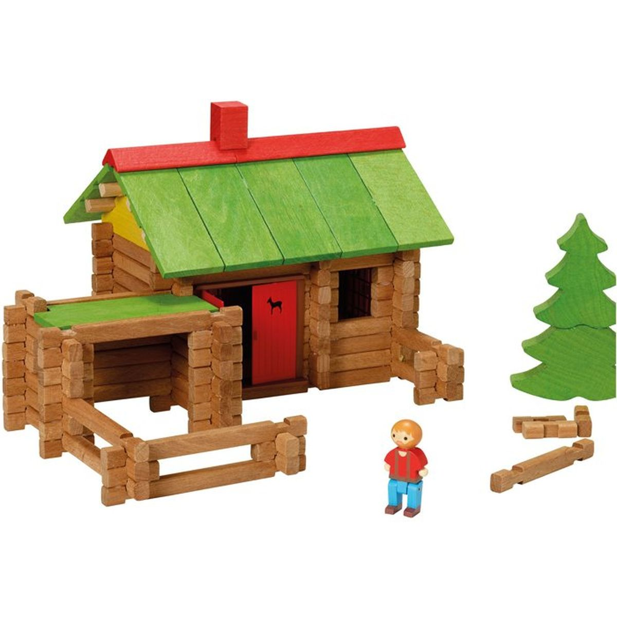 Casa di legno con porta rossa, tetto verde, piccola recinzione, figura e albero.