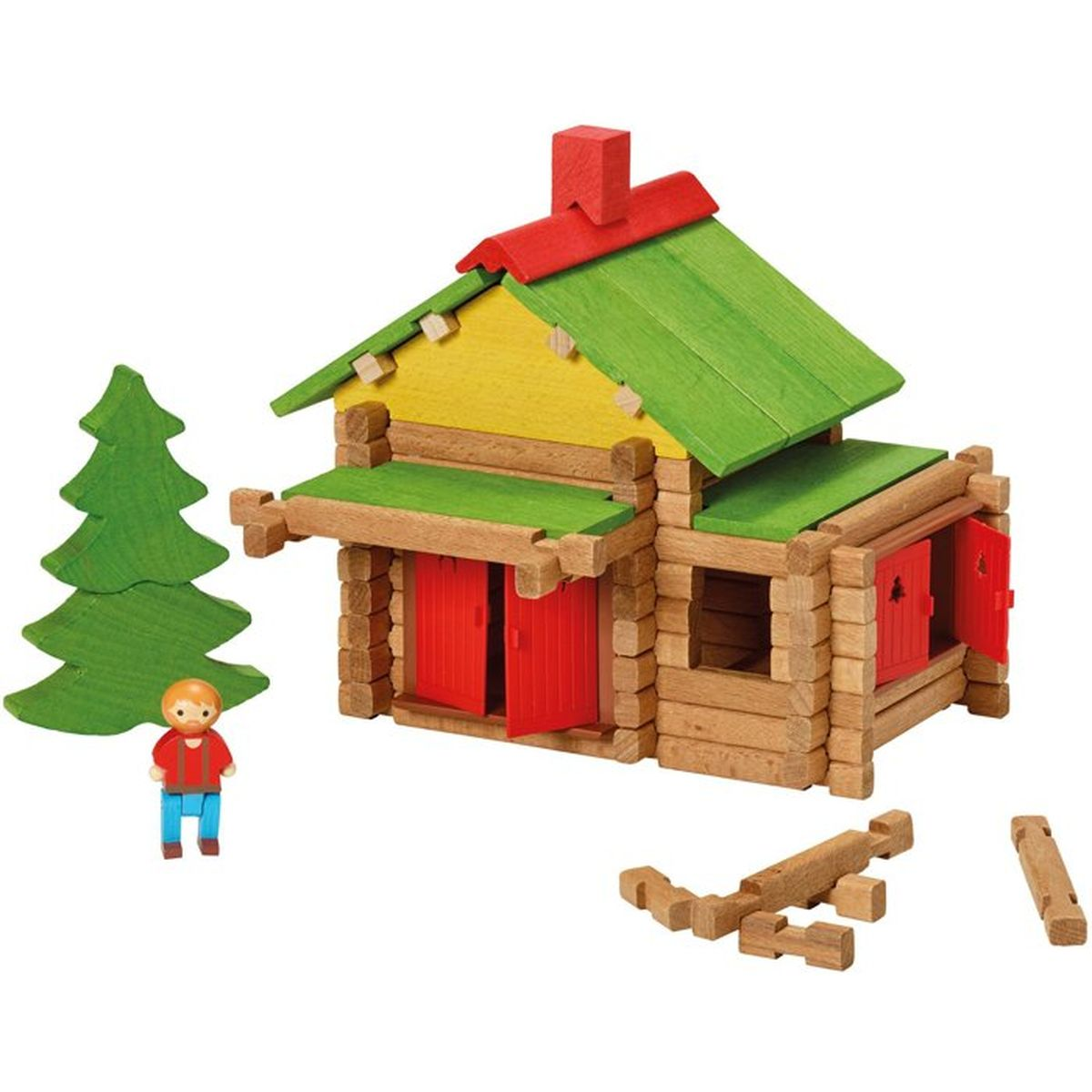 Casetta in legno di tronchi giocattolo con porte rosse e tetto verde.