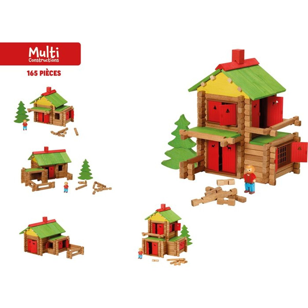 Blocchi di legno costruiscono varie case e alberi con piccole figure.