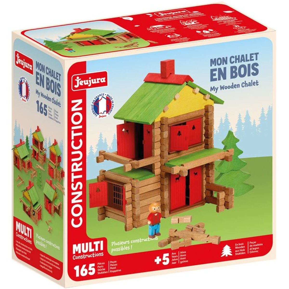 Scatola di un set di costruzioni in legno che mostra una casa modello, alberi e pezzi.