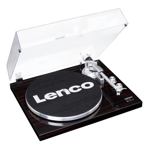 Une platine Lenco avec capot transparent, tapis noir et bras argenté sur base imitation bois.