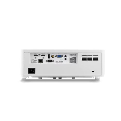 Weißer Projektor Rückansicht mit verschiedenen Anschlüssen: Strom, HDMI, USB, Audio und Lüftungsgitter.