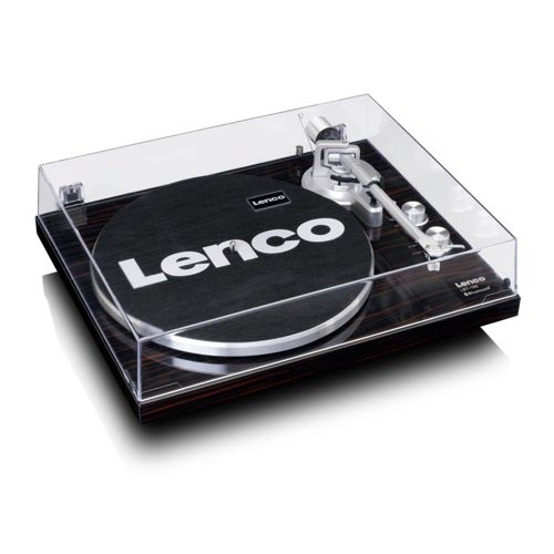 Une platine vinyle Lenco avec capot transparent et socle en bois sombre.