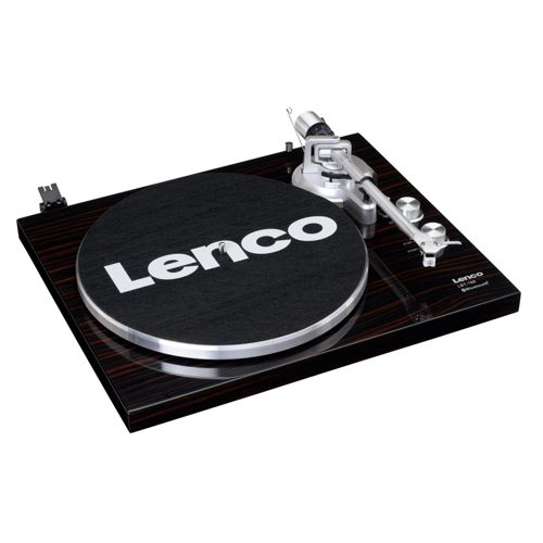 Une platine vinyle Lenco avec bras de lecture et tapis noir Lenco.