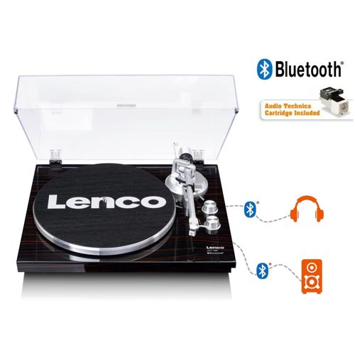 Platine vinyle Lenco avec Bluetooth. Inclut une cartouche Audio Technica, des icônes de casque et d'enceinte.