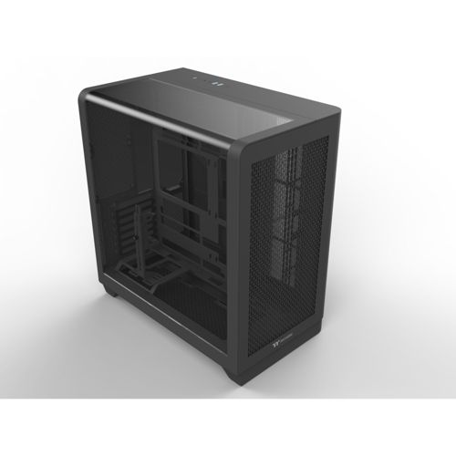 Un case per computer nero con top in vetro e frontale in mesh.