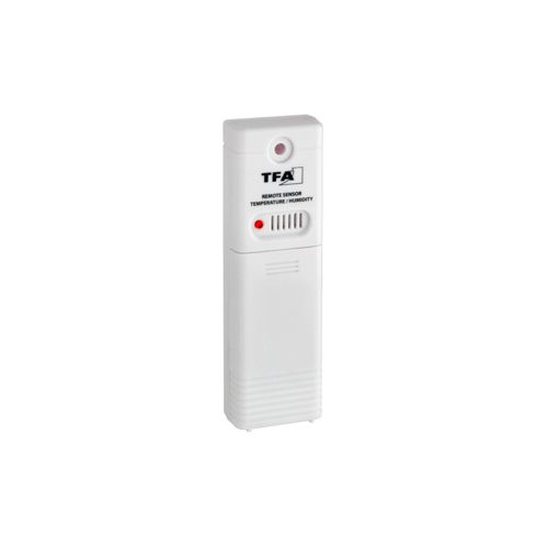 Ein weißer TFA Fernsensor für Temperatur und Luftfeuchtigkeit mit roten LEDs.