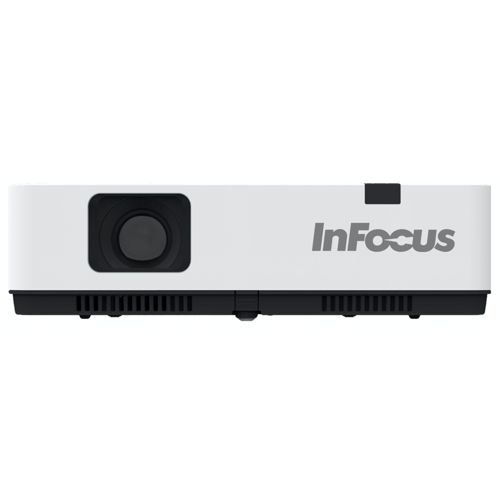 Weißer InFocus-Projektor mit Linse links und Lüftungsschlitzen unten.
