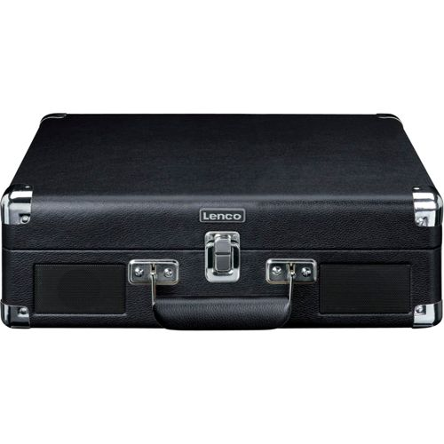 Tocadiscos maleta negro con logo Lenco y herrajes plateados.