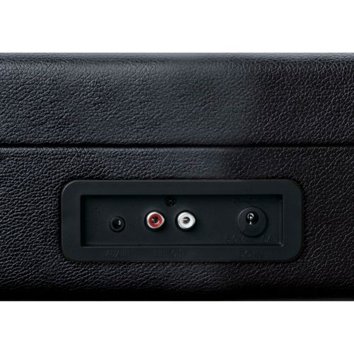 Textura de cuero negro con puertos: Aux In, RCA L/R, DC In.