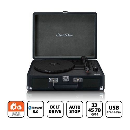 Tocadiscos portátil negro con altavoces integrados, Bluetooth, tracción por correa, parada automática, 33/45/78 RPM y codificación USB.
