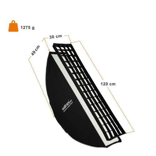 Ein Softbox-Diffusor mit Gittern und Maßen von 49 cm, 30 cm und 120 cm, Gewicht 1275g.