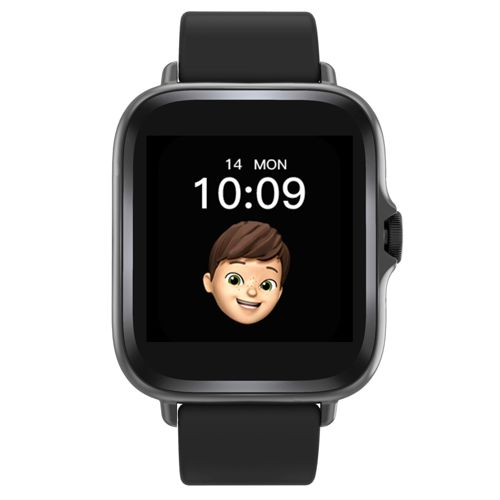 Graue Smartwatch mit digitaler Anzeige: 10:09 Uhr, 14. Mon. mit Cartoon-Gesicht.