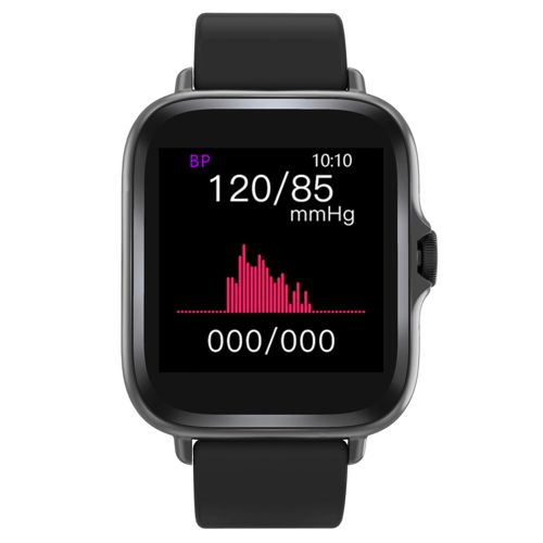 Eine schwarze Smartwatch zeigt 120/85 mmHg Blutdruckdaten und eine Grafik.