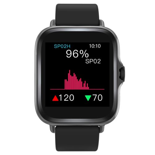 Schwarze Smartwatch mit schwarzem Armband zeigt 96% SpO2 und Herzfrequenzdiagramm.