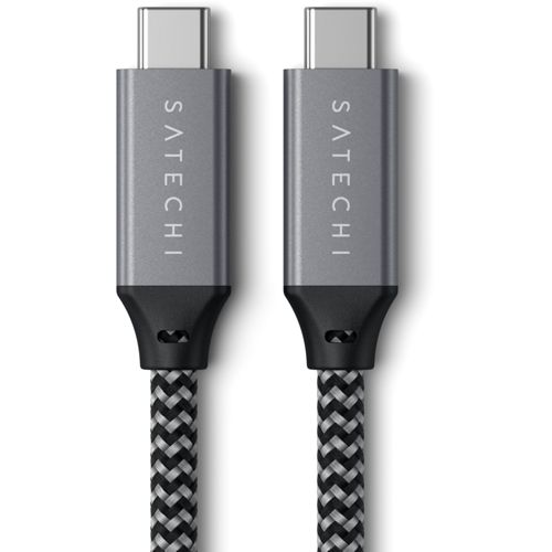 Due cavi USB-C grigi con treccia nera e connettori argentati.