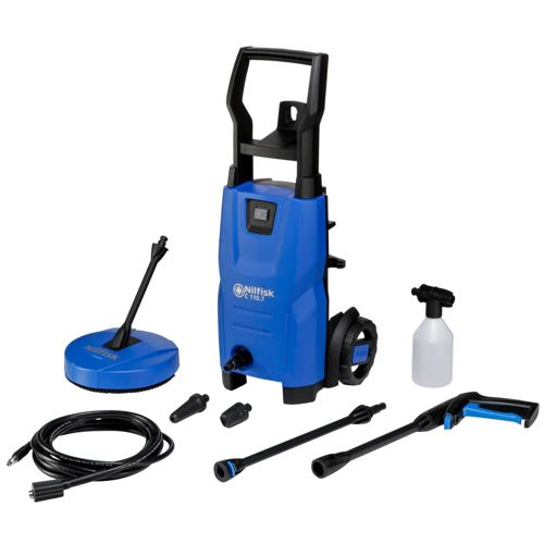 Idropulitrice blu con accessori: tubo, pistola e spazzola.
