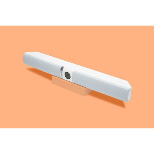 Eine weiße Soundbar mit integrierter Kamera auf einem orangen Hintergrund.