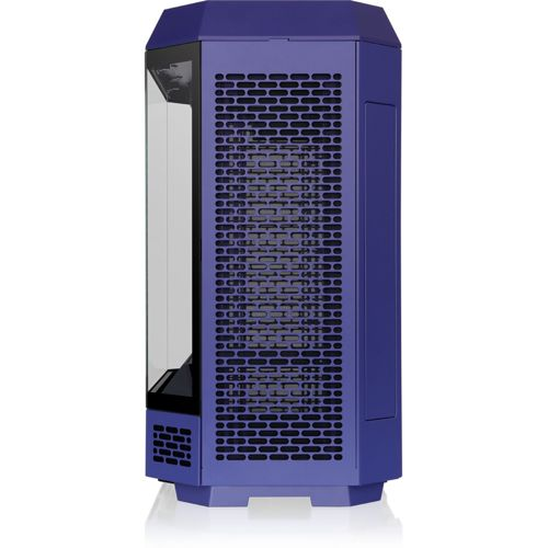 Ein lila Computerturm mit einem Glasfenster auf der linken Seite und Lüftungsschlitzen auf der rechten.