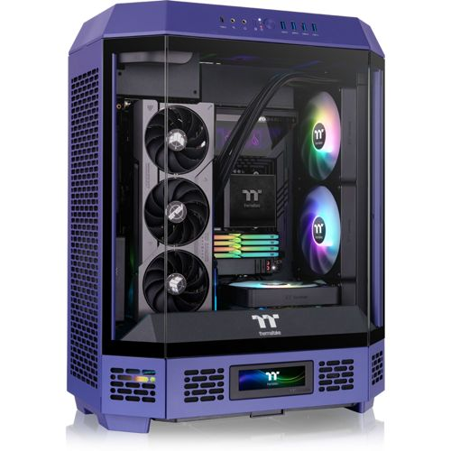 Ein violetter PC-Gehäuse mit Glasfenstern, RGB-Lüftern und Komponenten.