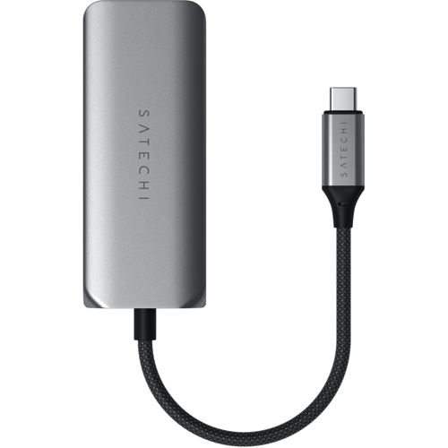 Hub USB-C Satechi argentato con cavo e connettore USB-C.