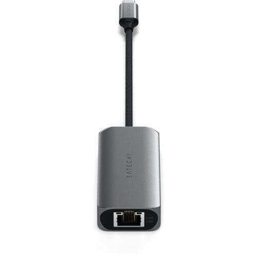 Adattatore Ethernet grigio Satechi USB-C con cavo nero.
