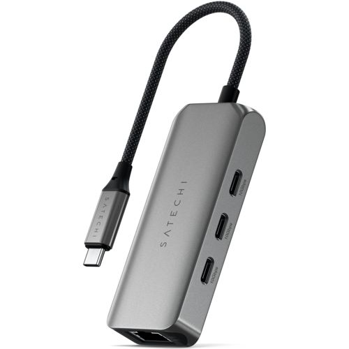 Hub USB-C Satechi grigio con tre porte USB-C e una porta Ethernet.
