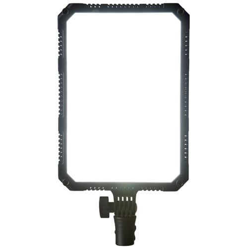 Ein rechteckiges, schwarzes LED-Panel mit einem weißen Licht im Inneren und einem Halterungsmechanismus.