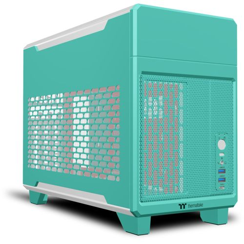 Un case per computer color petrolio con accenti argentati e pannelli di ventilazione in rete.