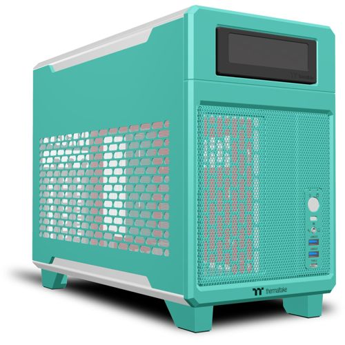 Un case per computer verde acqua con cornice bianca e pannelli di ventilazione.