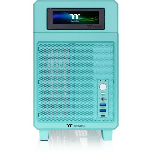Un case per computer verde acqua con schermo in alto e pannello frontale in rete con porte.