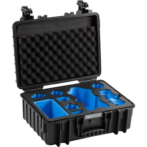 Custodia nera con rivestimento in schiuma e inserto sagomato blu.