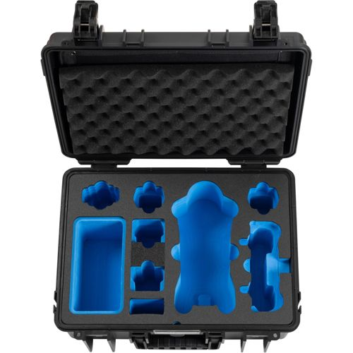 Custodia nera con inserto in schiuma blu per dispositivi e accessori.
