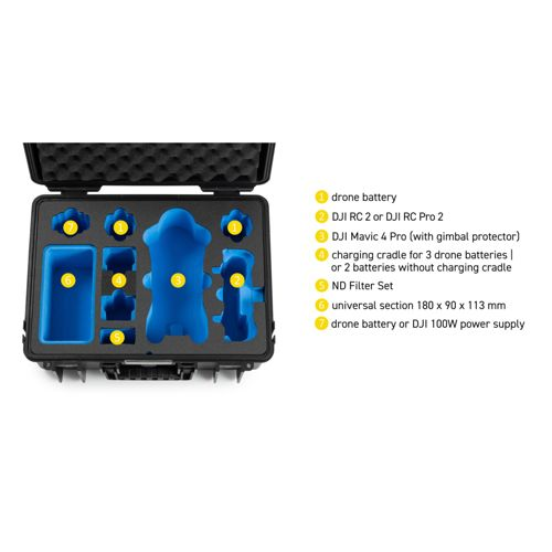 Custodia nera con inserto in schiuma blu per accessori e parti del drone.