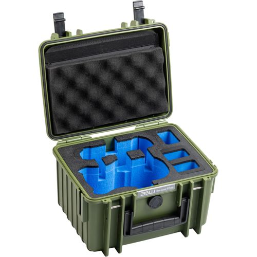 Custodia verde aperta con imbottitura in schiuma nera e inserti blu per attrezzatura.